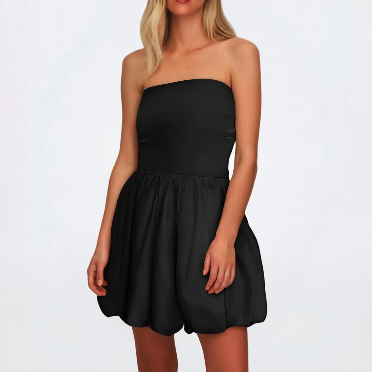 Women's Strapless Tube Top Ruffle Hem Mini Dress Ruched Waist Short Party Dresses Elegant Strapless Mini Dress