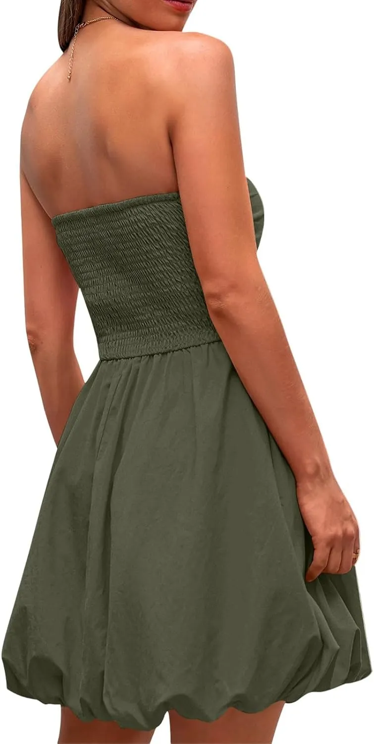 Women's Strapless Tube Top Ruffle Hem Mini Dress Ruched Waist Short Party Dresses Elegant Strapless Mini Dress