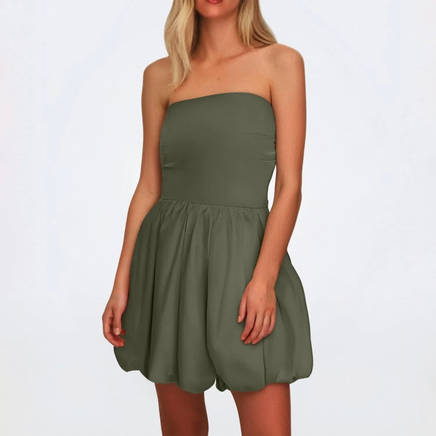 Women's Strapless Tube Top Ruffle Hem Mini Dress Ruched Waist Short Party Dresses Elegant Strapless Mini Dress