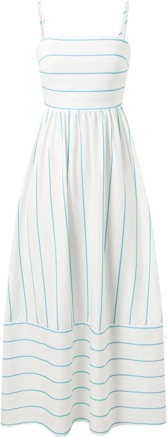 Women's Striped Back Smocked Maxi Dress Sexy Spaghetti Strap Dress Cut Out Flowy Swing Long Dresses