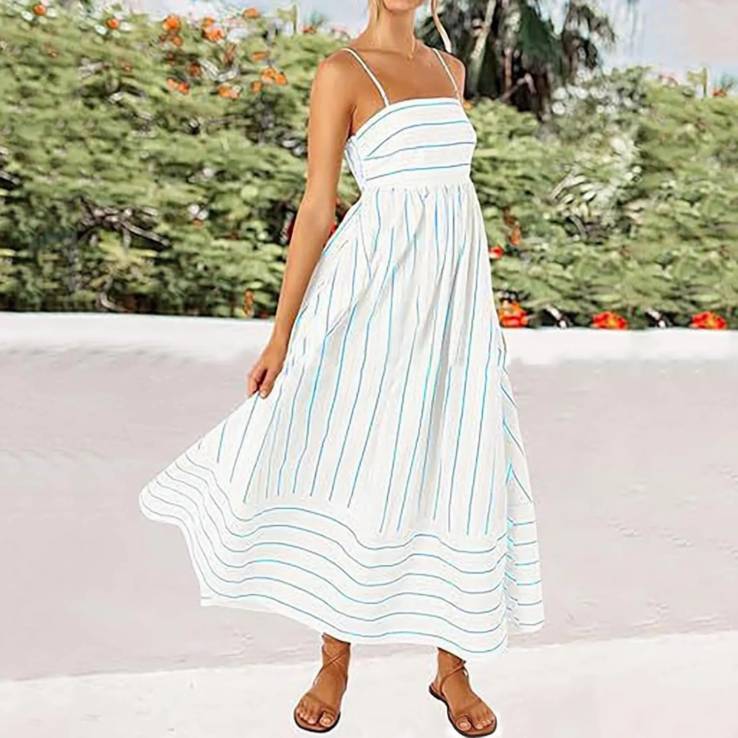 Women's Striped Back Smocked Maxi Dress Sexy Spaghetti Strap Dress Cut Out Flowy Swing Long Dresses