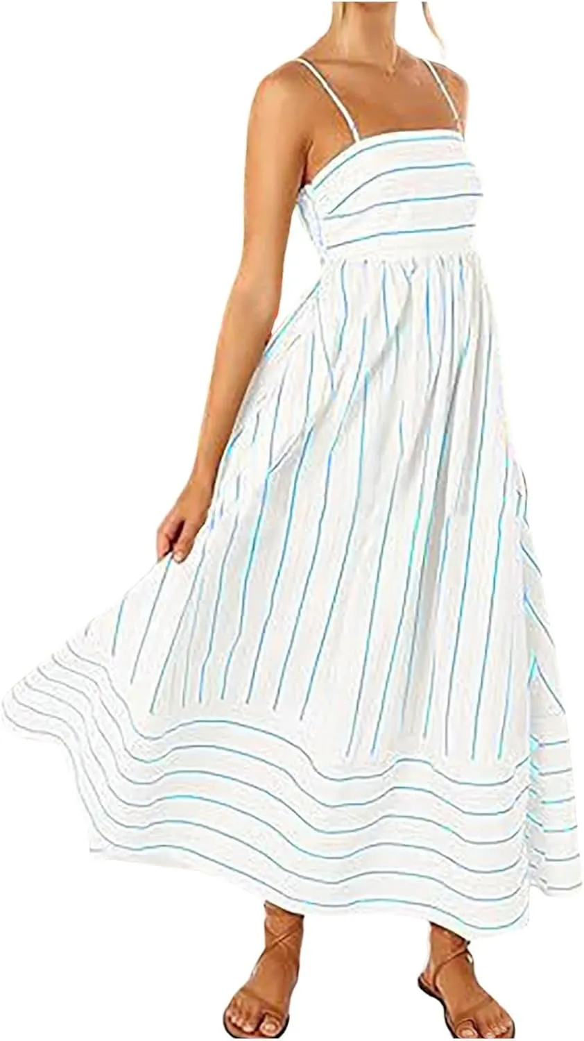 Women's Striped Back Smocked Maxi Dress Sexy Spaghetti Strap Dress Cut Out Flowy Swing Long Dresses