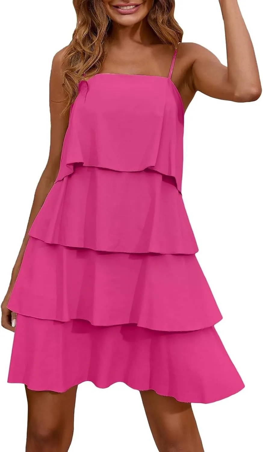 Womens Summer 2025 Casual Sleeveless Spaghetti Strap Ruffle Tiered Layered Swing Mini Dress Beach Vacation Sundress
