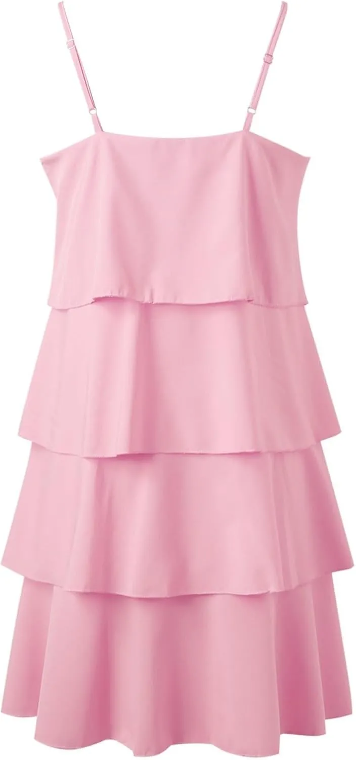 Womens Summer 2025 Casual Sleeveless Spaghetti Strap Ruffle Tiered Layered Swing Mini Dress Beach Vacation Sundress