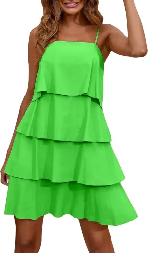 Womens Summer 2025 Casual Sleeveless Spaghetti Strap Ruffle Tiered Layered Swing Mini Dress Beach Vacation Sundress