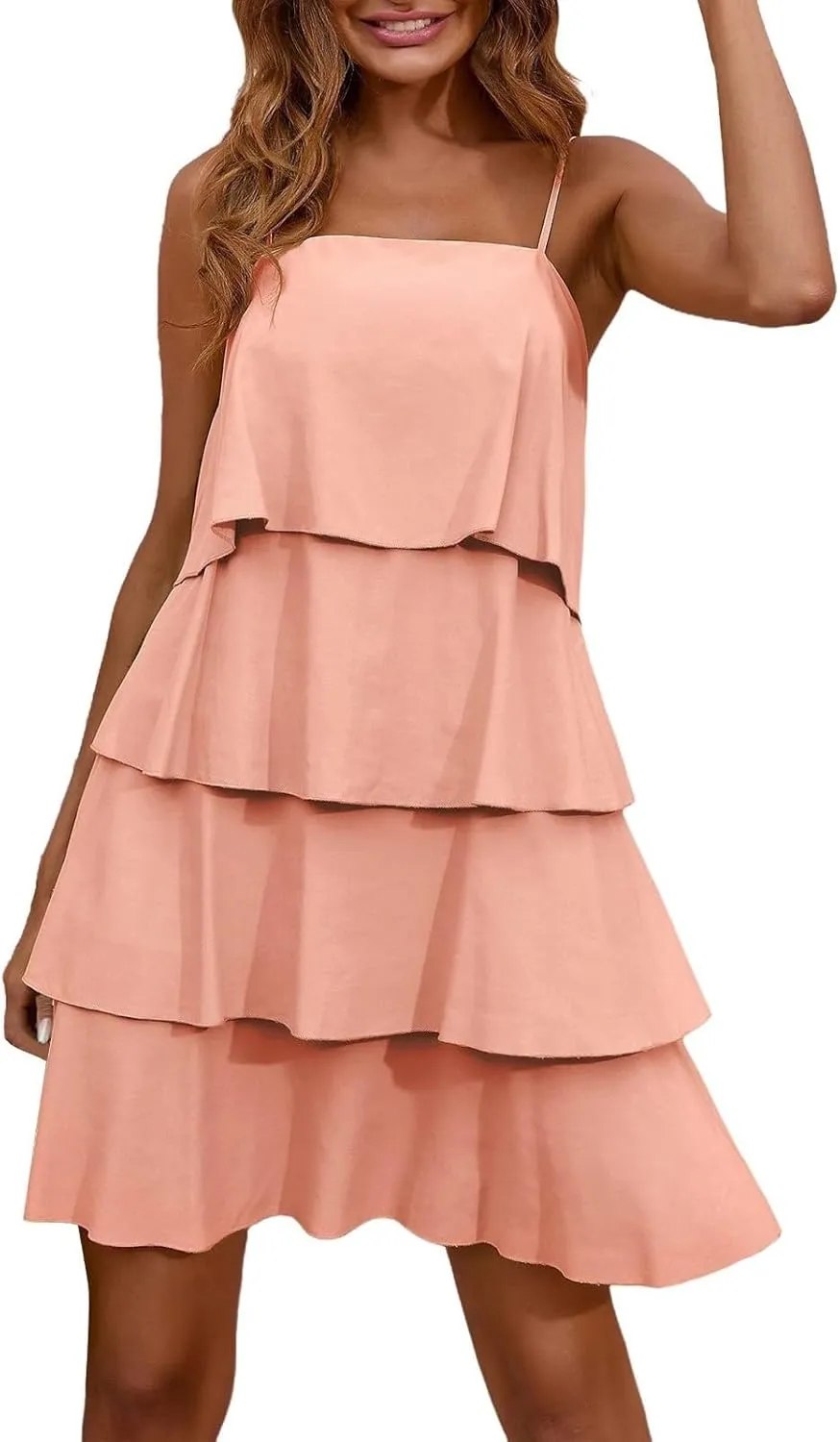Womens Summer 2025 Casual Sleeveless Spaghetti Strap Ruffle Tiered Layered Swing Mini Dress Beach Vacation Sundress