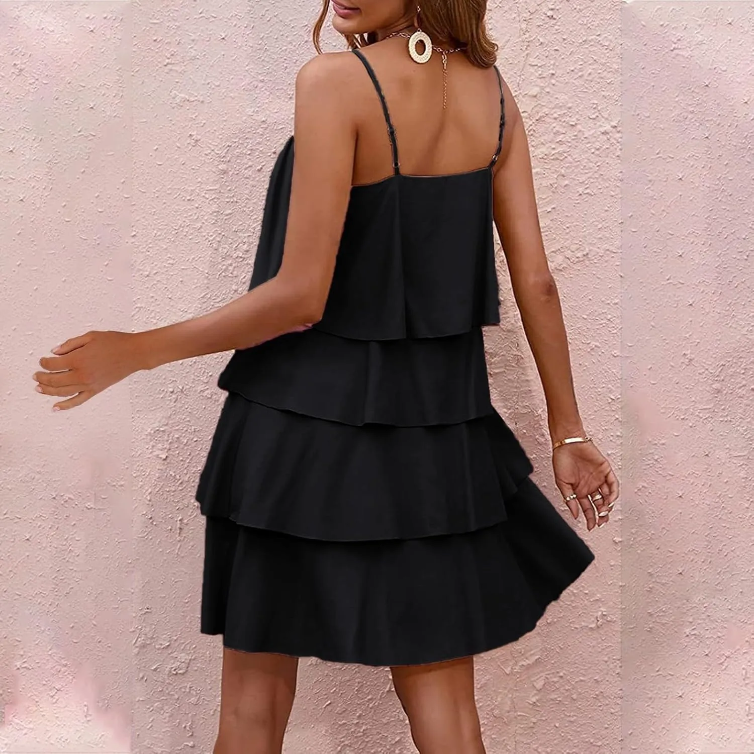 Womens Summer 2025 Casual Sleeveless Spaghetti Strap Ruffle Tiered Layered Swing Mini Dress Beach Vacation Sundress