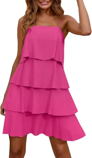 Womens Summer 2025 Casual Sleeveless Spaghetti Strap Ruffle Tiered Layered Swing Mini Dress Beach Vacation Sundress