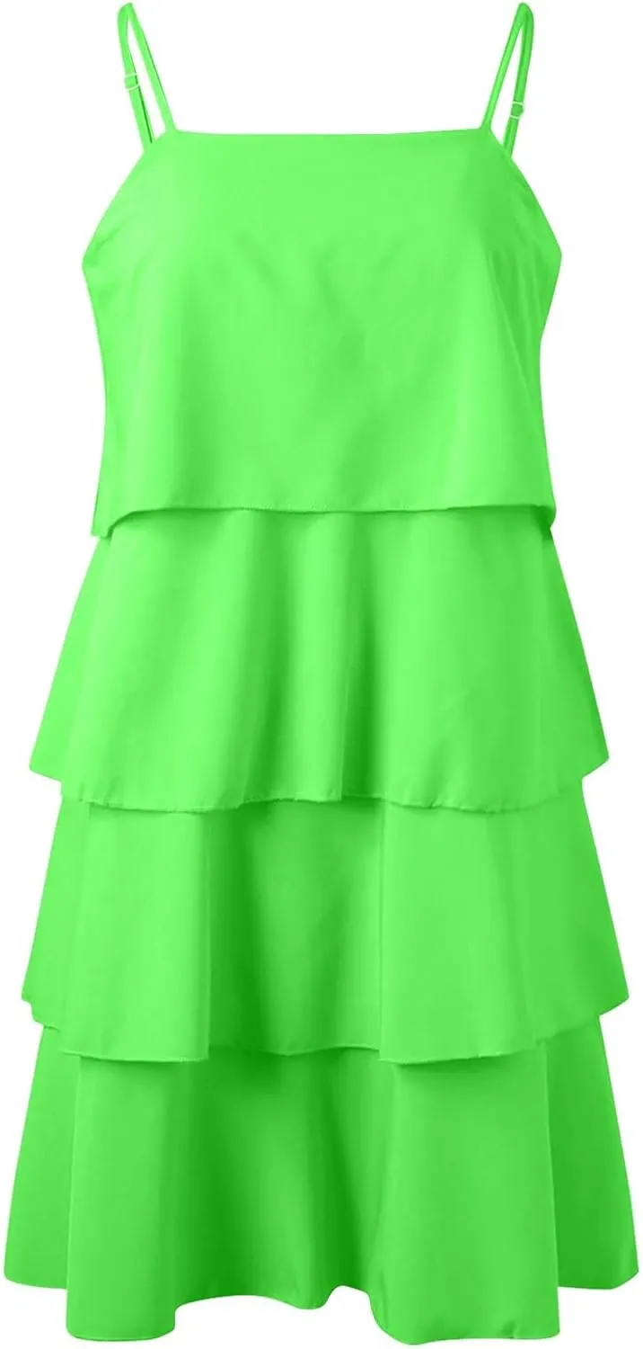Womens Summer 2025 Casual Sleeveless Spaghetti Strap Ruffle Tiered Layered Swing Mini Dress Beach Vacation Sundress