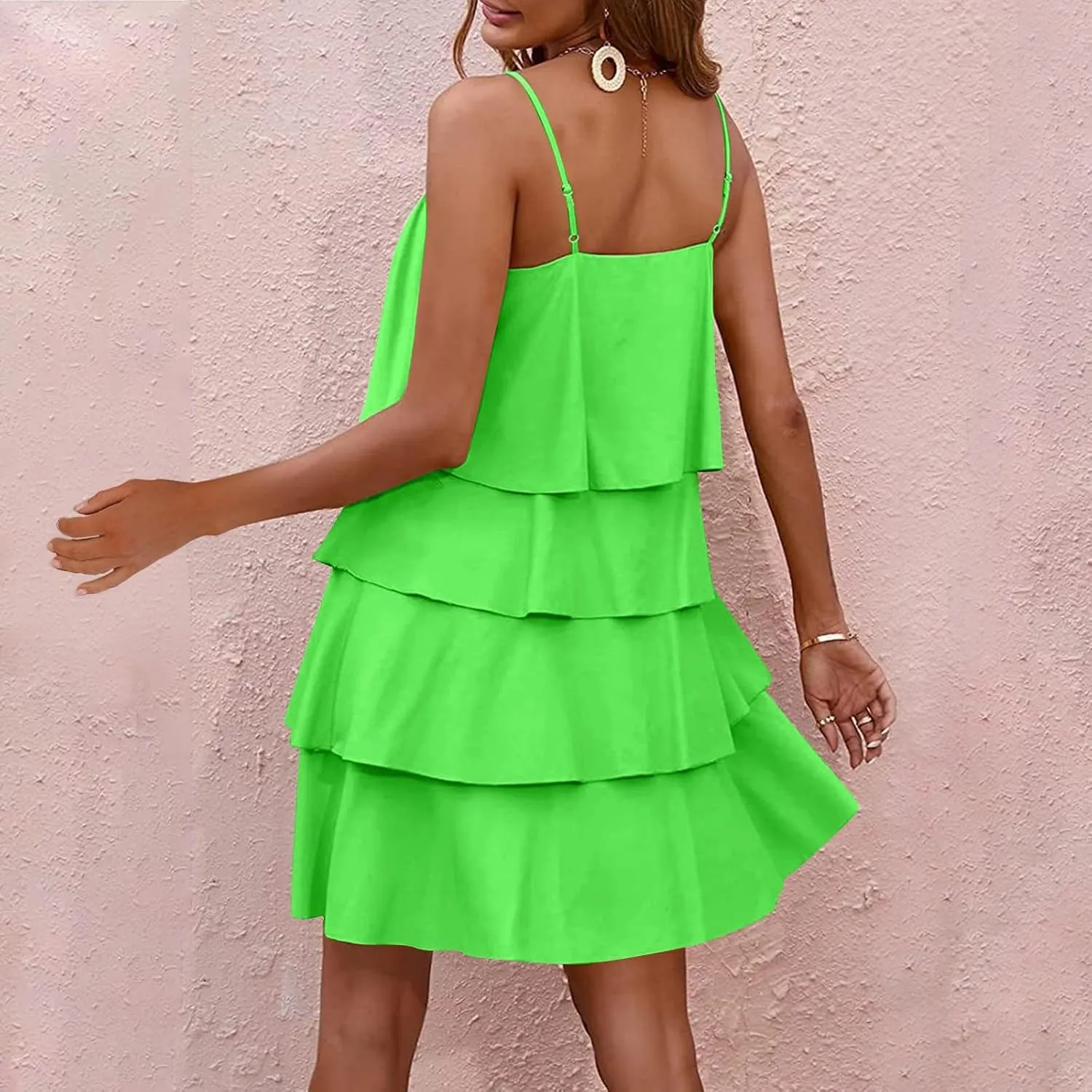 Womens Summer 2025 Casual Sleeveless Spaghetti Strap Ruffle Tiered Layered Swing Mini Dress Beach Vacation Sundress