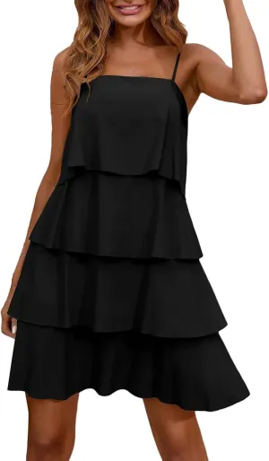 Womens Summer 2025 Casual Sleeveless Spaghetti Strap Ruffle Tiered Layered Swing Mini Dress Beach Vacation Sundress