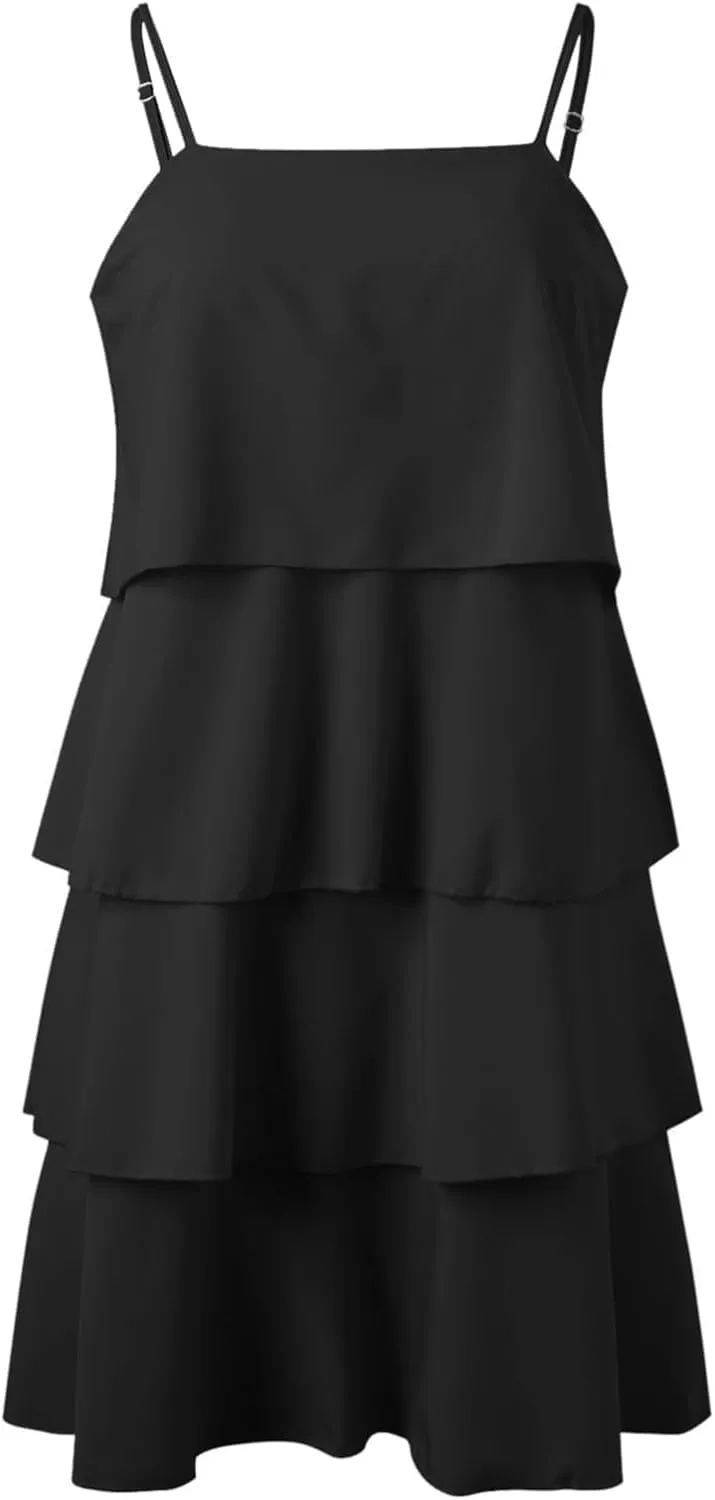 Womens Summer 2025 Casual Sleeveless Spaghetti Strap Ruffle Tiered Layered Swing Mini Dress Beach Vacation Sundress