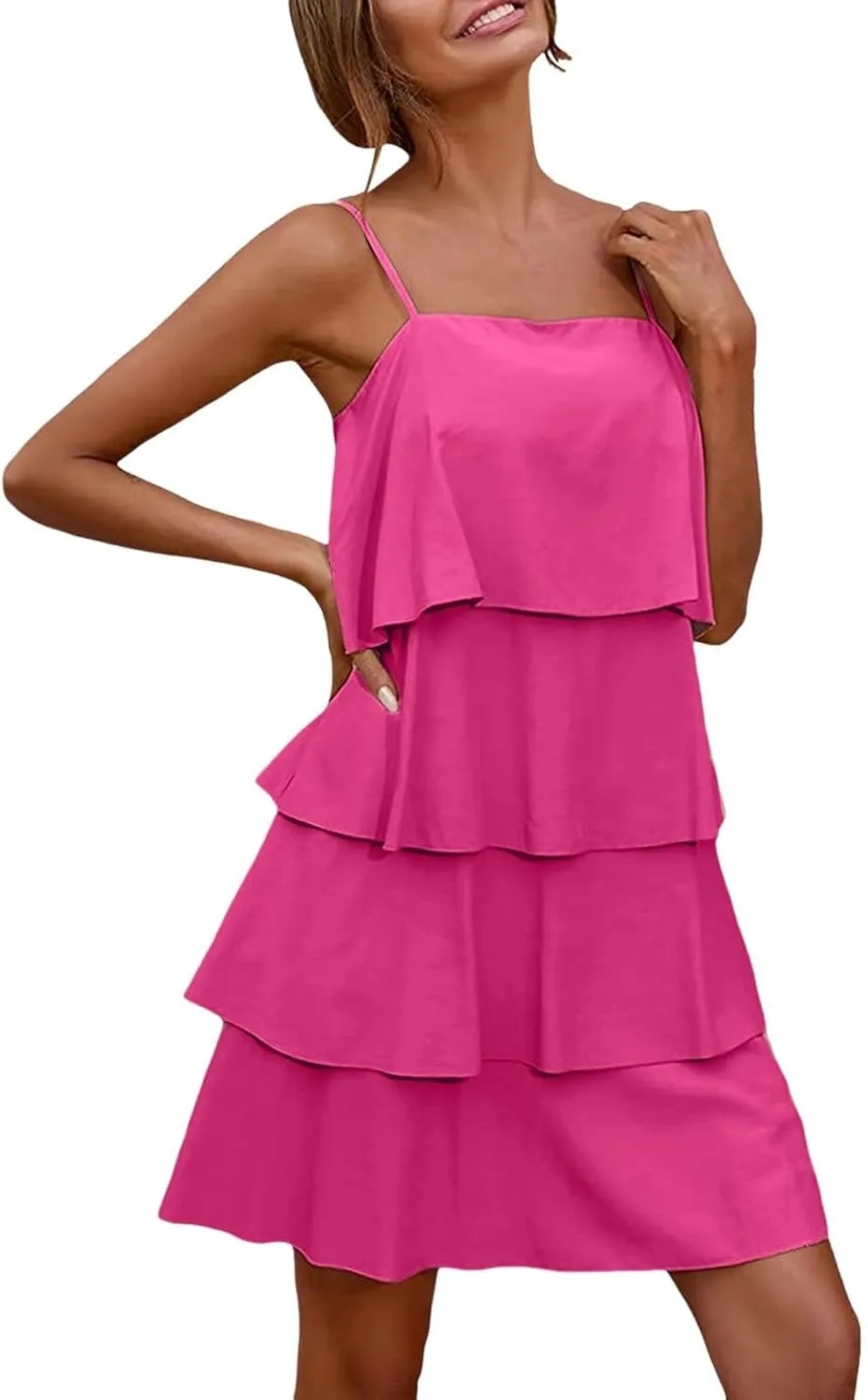 Womens Summer 2025 Casual Sleeveless Spaghetti Strap Ruffle Tiered Layered Swing Mini Dress Beach Vacation Sundress