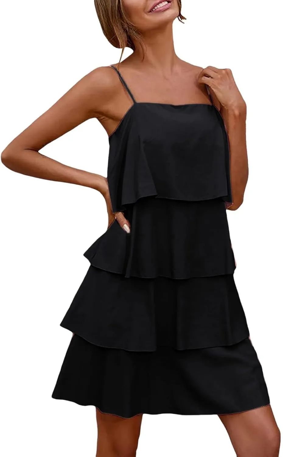 Womens Summer 2025 Casual Sleeveless Spaghetti Strap Ruffle Tiered Layered Swing Mini Dress Beach Vacation Sundress