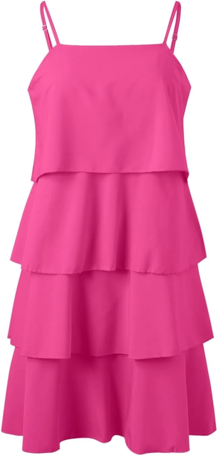 Womens Summer 2025 Casual Sleeveless Spaghetti Strap Ruffle Tiered Layered Swing Mini Dress Beach Vacation Sundress