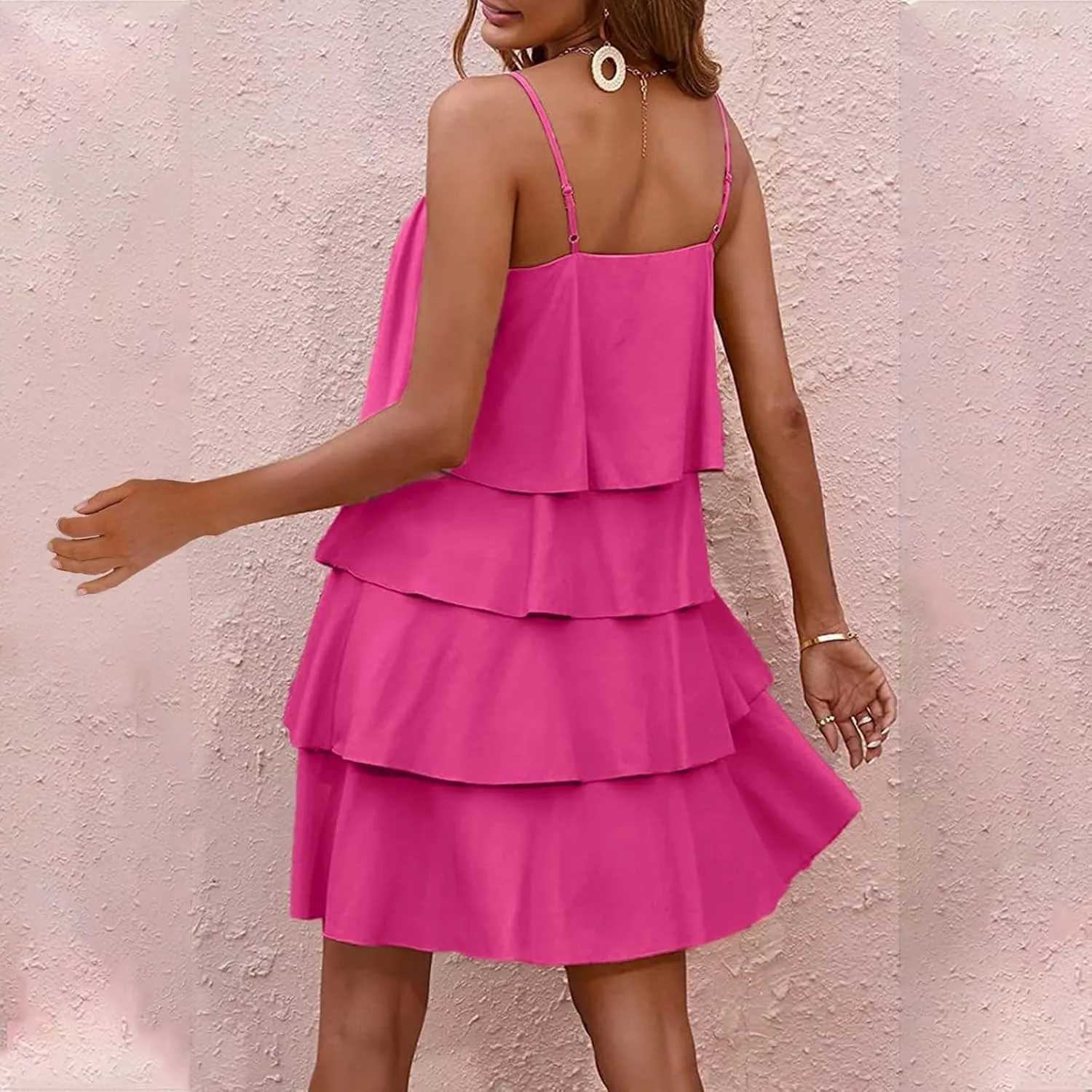 Womens Summer 2025 Casual Sleeveless Spaghetti Strap Ruffle Tiered Layered Swing Mini Dress Beach Vacation Sundress