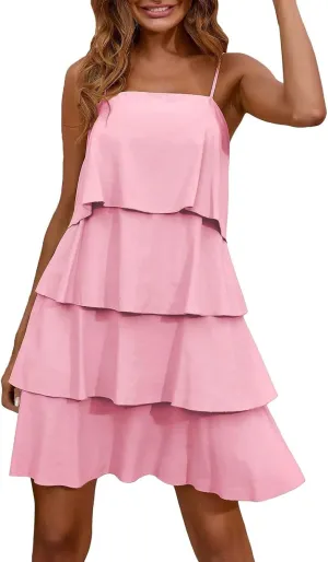 Womens Summer 2025 Casual Sleeveless Spaghetti Strap Ruffle Tiered Layered Swing Mini Dress Beach Vacation Sundress