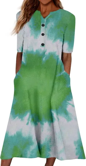 Women's Summer Casual Floral (Gradient) Printed Short Sleeve Dress Fashion