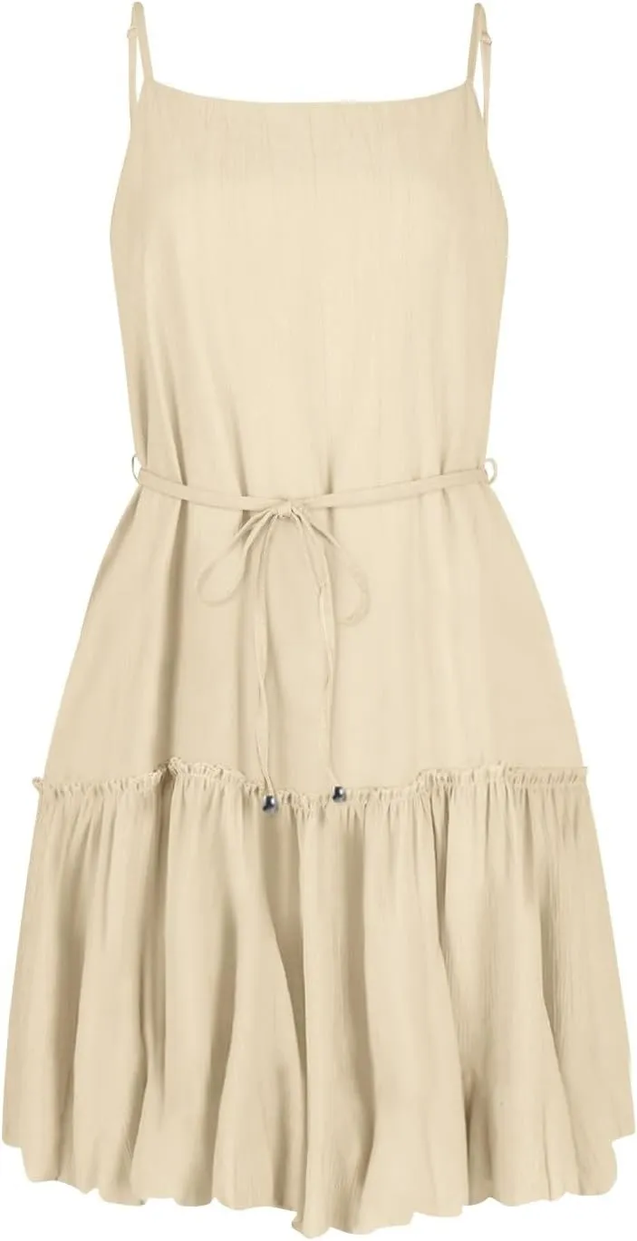 Women's Summer Casual Sleeveless Mini Dress 2025 Spaghetti Strap Waist Tie Boho Beach Vacation Short Sundress