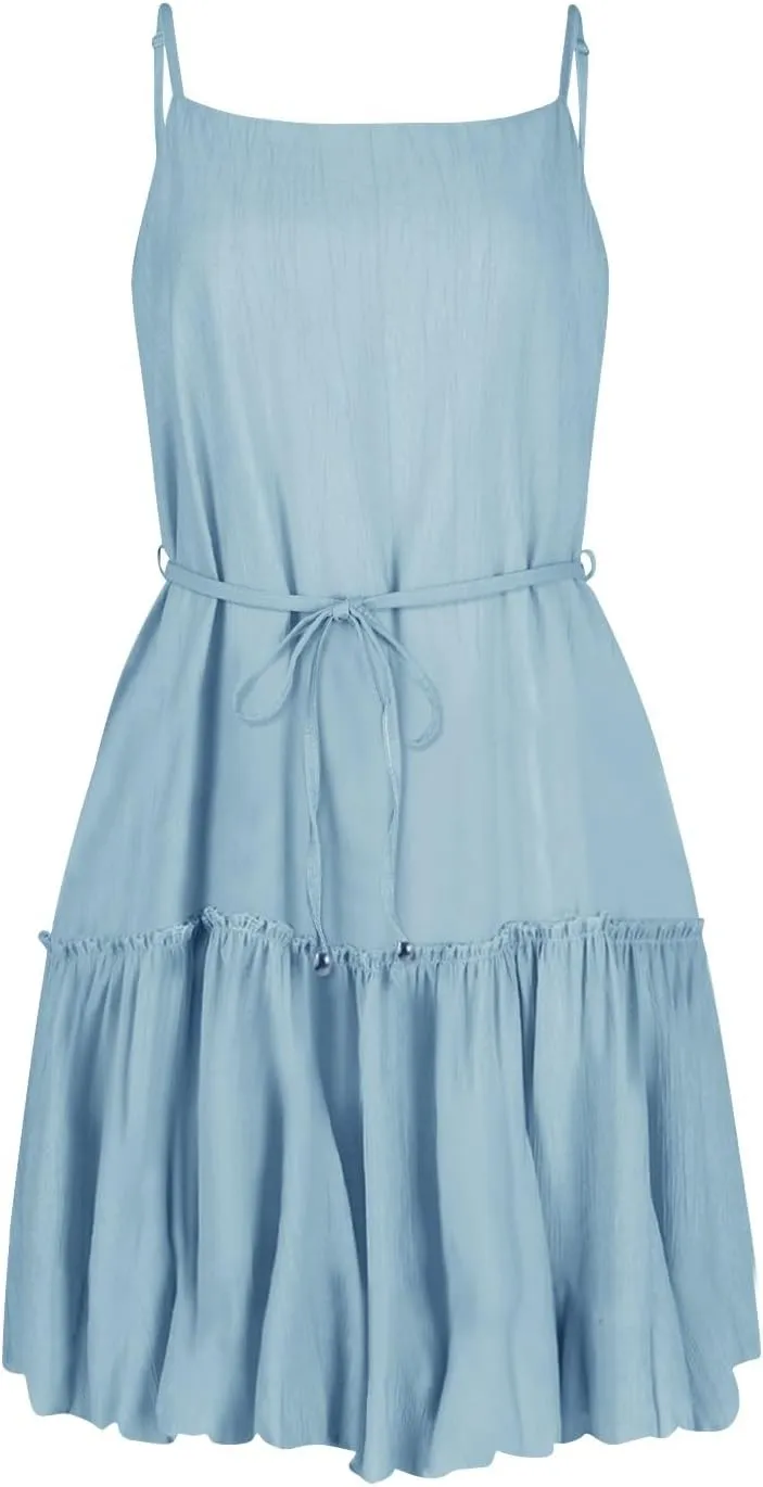 Women's Summer Casual Sleeveless Mini Dress 2025 Spaghetti Strap Waist Tie Boho Beach Vacation Short Sundress