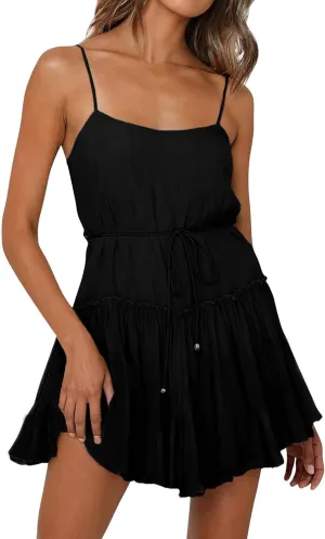 Women's Summer Casual Sleeveless Mini Dress 2025 Spaghetti Strap Waist Tie Boho Beach Vacation Short Sundress