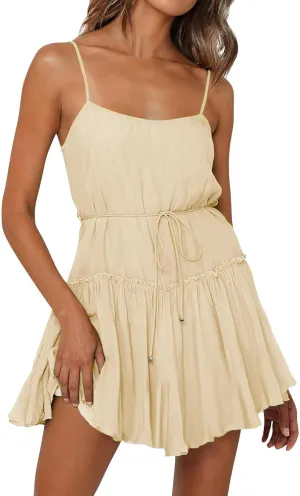 Women's Summer Casual Sleeveless Mini Dress 2025 Spaghetti Strap Waist Tie Boho Beach Vacation Short Sundress