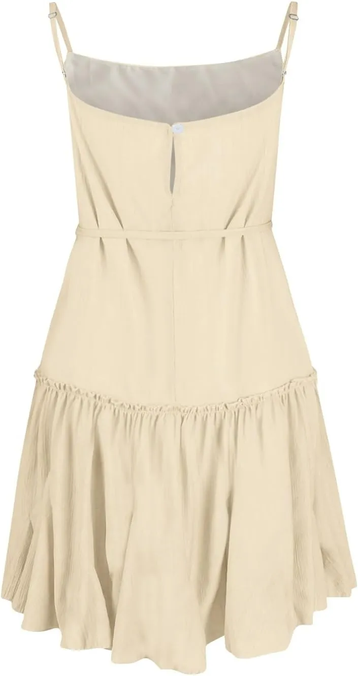 Women's Summer Casual Sleeveless Mini Dress 2025 Spaghetti Strap Waist Tie Boho Beach Vacation Short Sundress