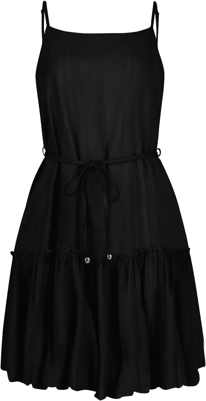 Women's Summer Casual Sleeveless Mini Dress 2025 Spaghetti Strap Waist Tie Boho Beach Vacation Short Sundress