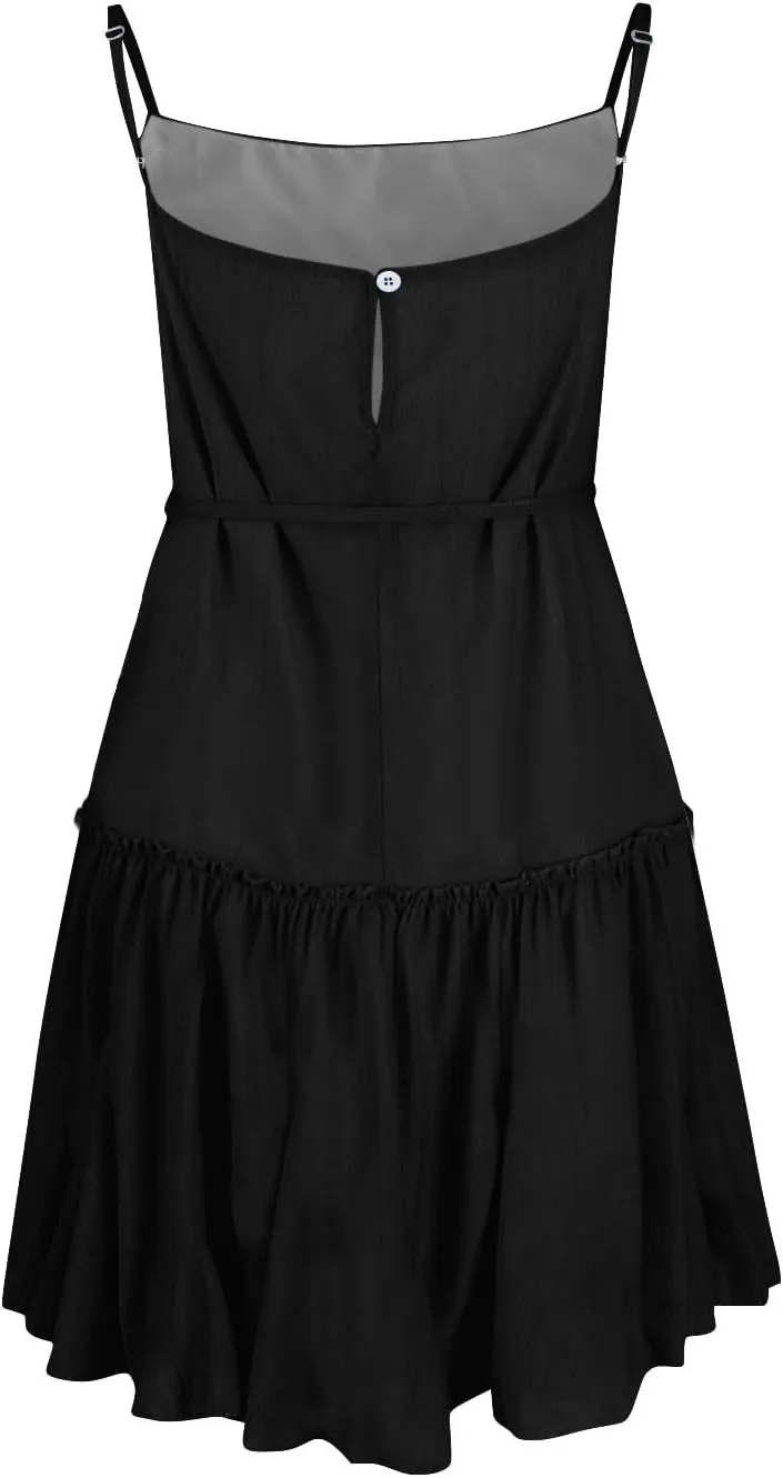Women's Summer Casual Sleeveless Mini Dress 2025 Spaghetti Strap Waist Tie Boho Beach Vacation Short Sundress