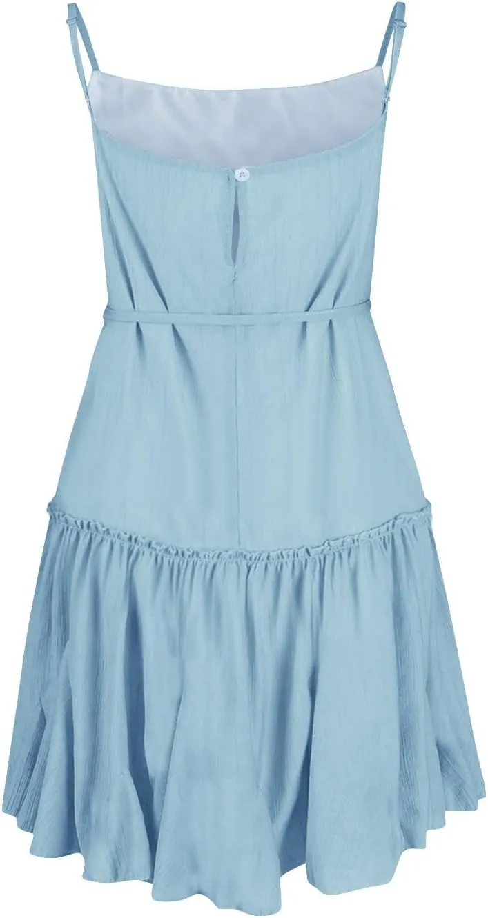 Women's Summer Casual Sleeveless Mini Dress 2025 Spaghetti Strap Waist Tie Boho Beach Vacation Short Sundress