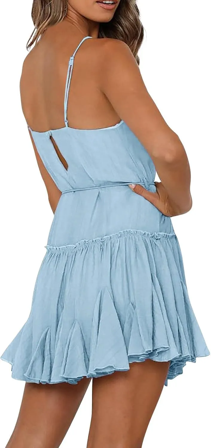 Women's Summer Casual Sleeveless Mini Dress 2025 Spaghetti Strap Waist Tie Boho Beach Vacation Short Sundress
