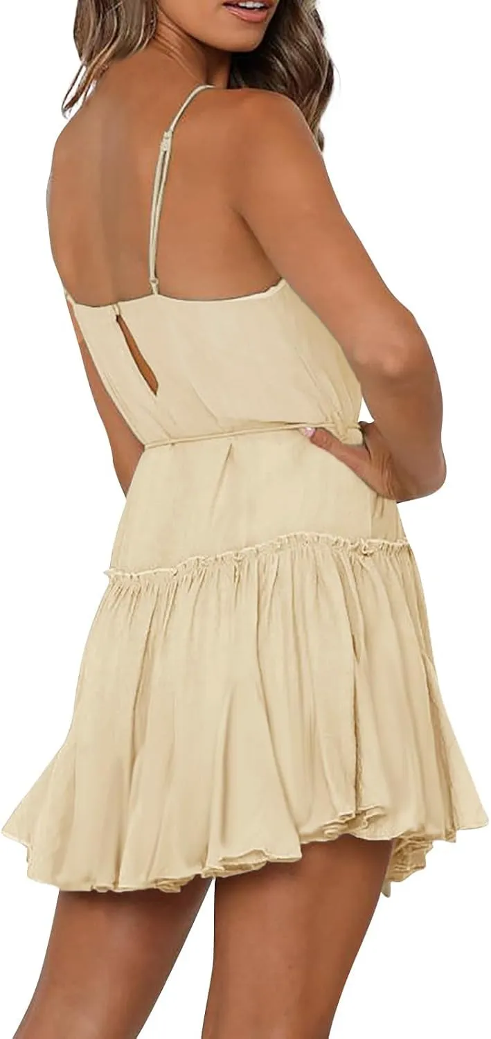 Women's Summer Casual Sleeveless Mini Dress 2025 Spaghetti Strap Waist Tie Boho Beach Vacation Short Sundress
