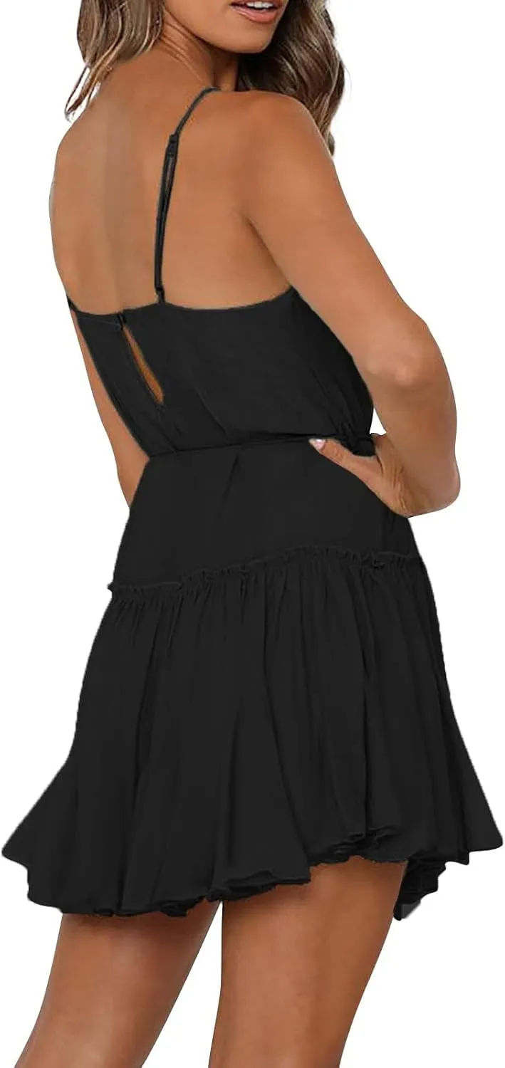 Women's Summer Casual Sleeveless Mini Dress 2025 Spaghetti Strap Waist Tie Boho Beach Vacation Short Sundress