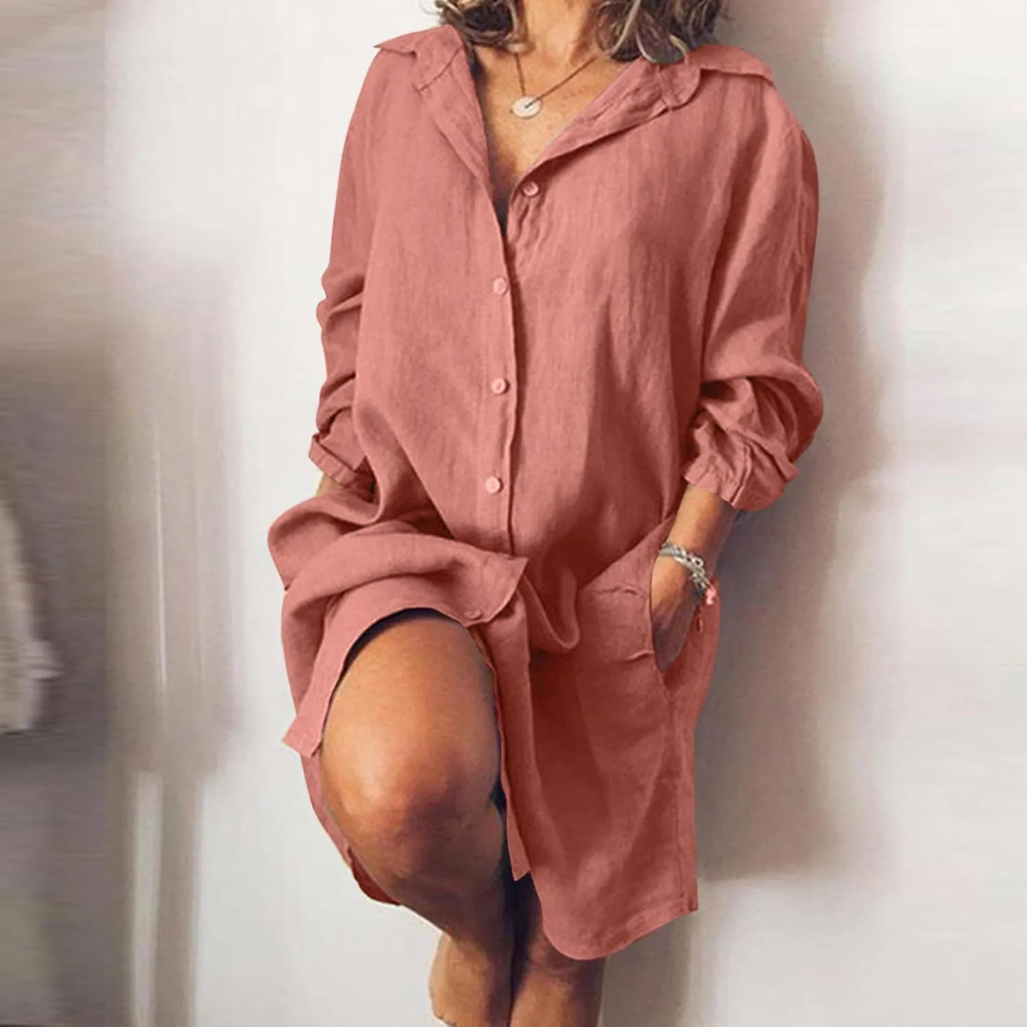 Women's Summer Cotton Half Sleeves Button Down Casual Loose Slit Midi Dress with Pockets Cotton Maxi Shirt Button Down Dress