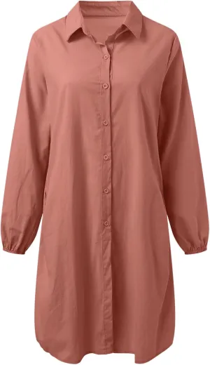 Women's Summer Cotton Half Sleeves Button Down Casual Loose Slit Midi Dress with Pockets Cotton Maxi Shirt Button Down Dress