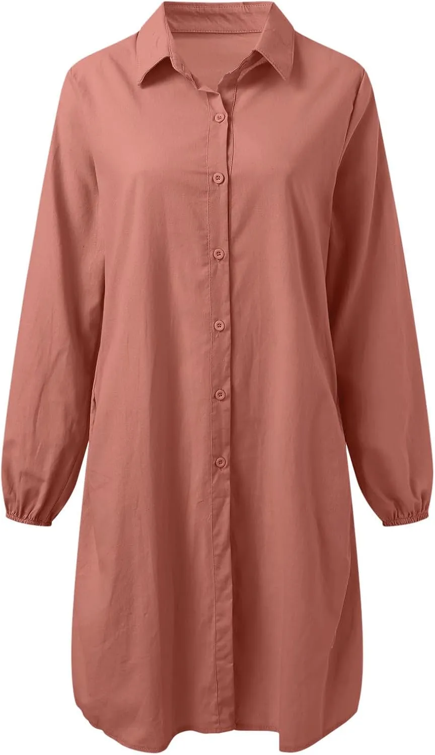 Women's Summer Cotton Half Sleeves Button Down Casual Loose Slit Midi Dress with Pockets Cotton Maxi Shirt Button Down Dress
