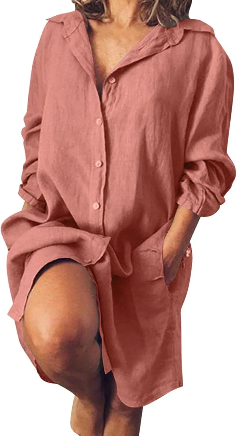 Women's Summer Cotton Half Sleeves Button Down Casual Loose Slit Midi Dress with Pockets Cotton Maxi Shirt Button Down Dress