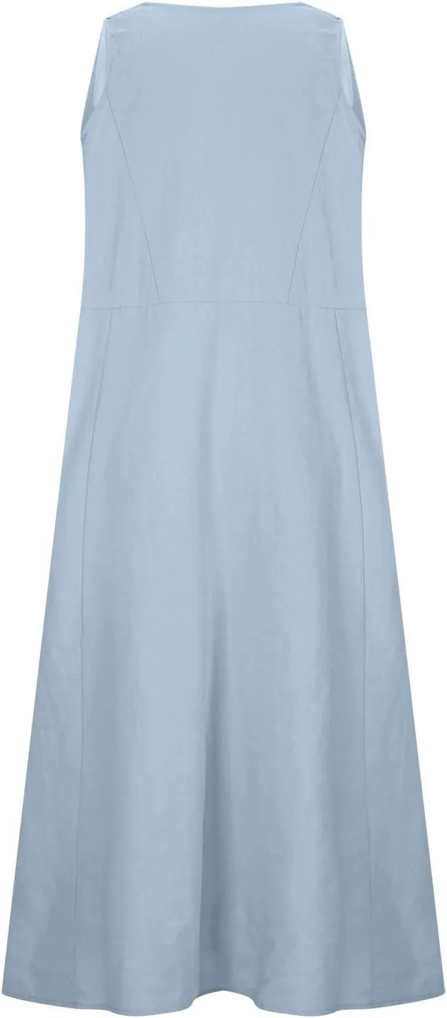 Women's Summer Cotton Linen Maxi Dresses Sleeveless Solid Flowy Long Dress Plus Size Loose Comfy Dress with Pockets