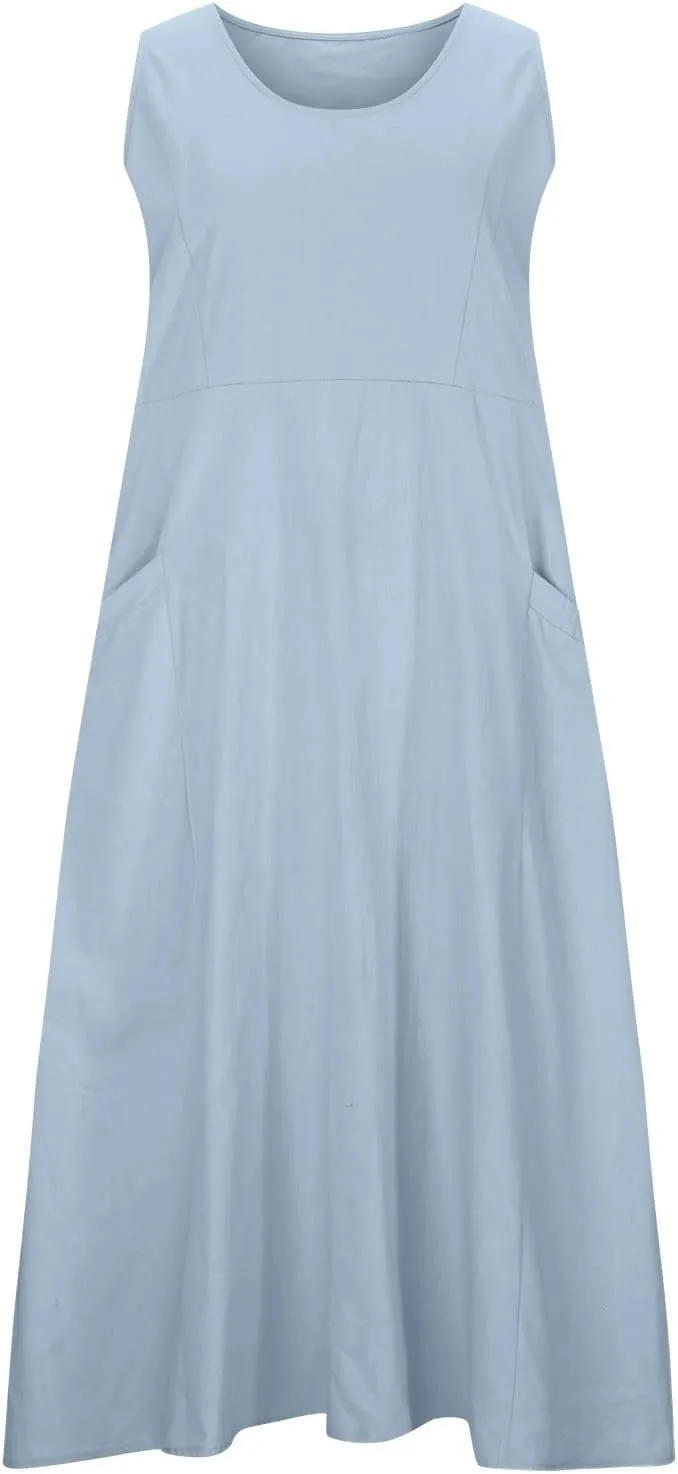 Women's Summer Cotton Linen Maxi Dresses Sleeveless Solid Flowy Long Dress Plus Size Loose Comfy Dress with Pockets