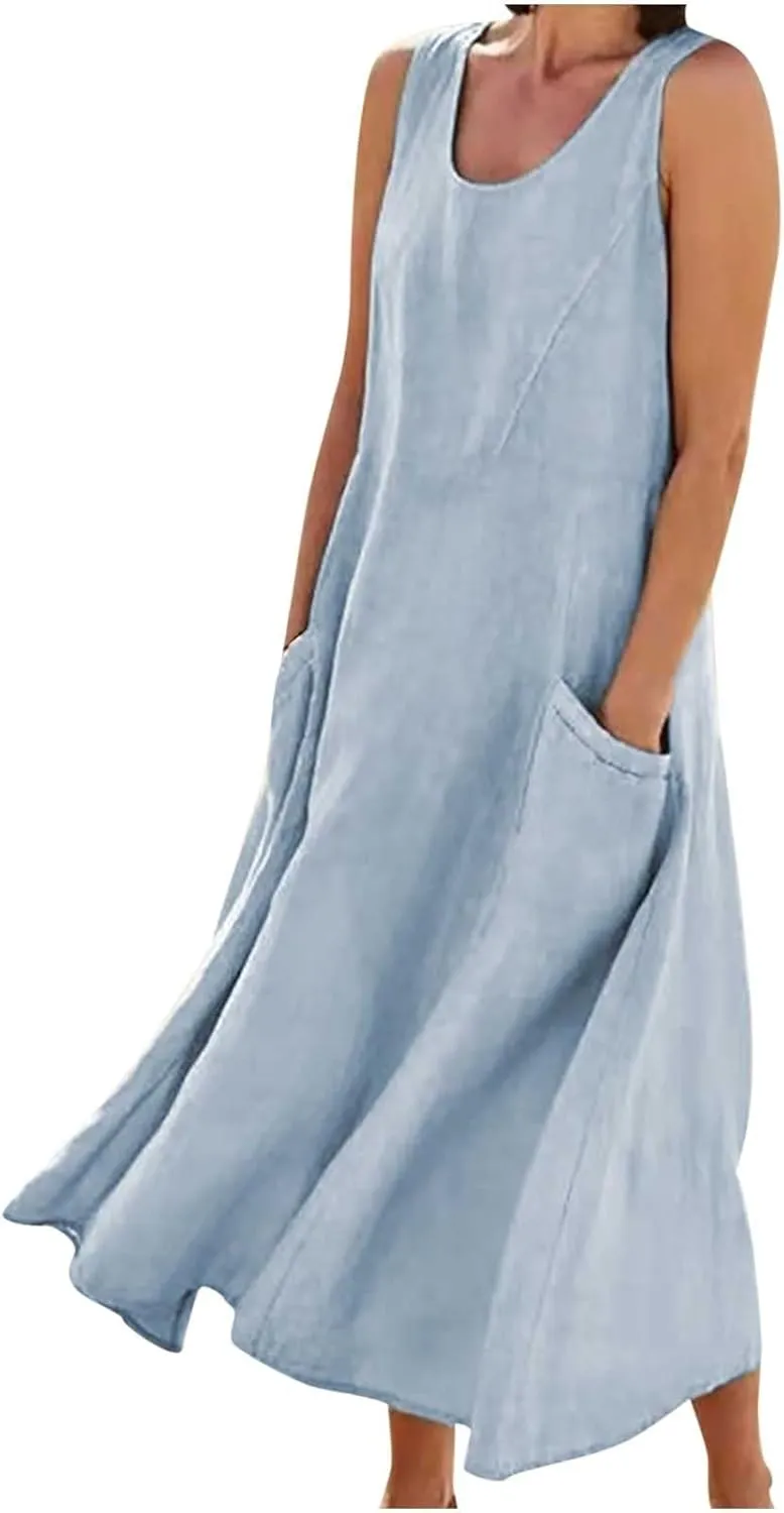 Women's Summer Cotton Linen Maxi Dresses Sleeveless Solid Flowy Long Dress Plus Size Loose Comfy Dress with Pockets