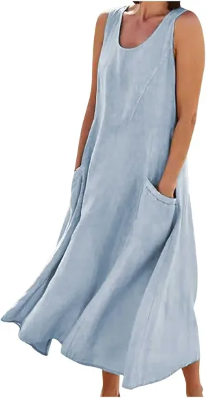 Women's Summer Cotton Linen Maxi Dresses Sleeveless Solid Flowy Long Dress Plus Size Loose Comfy Dress with Pockets