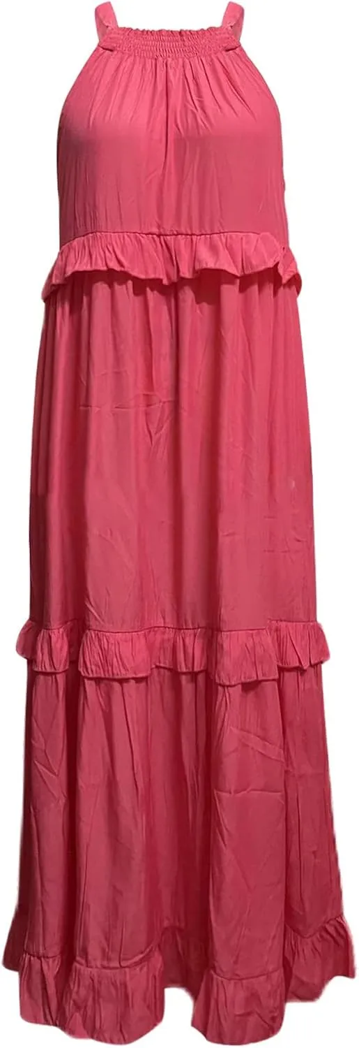 Womens Summer Cotton Sexy Backless Long Dresses Women Dresses Spaghetti Strap Scoop Neck Smocked Ruffle Flowy Boho Maxi Dress