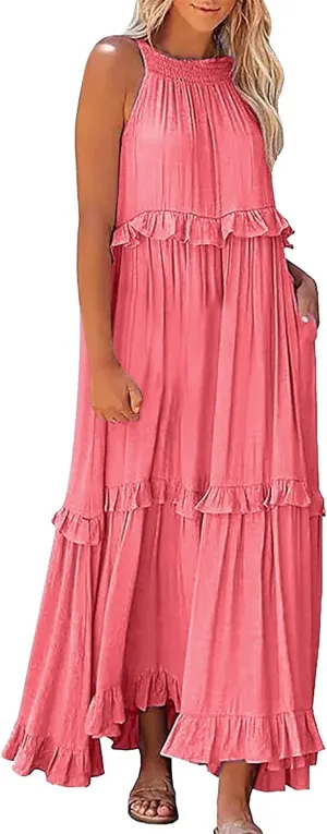 Womens Summer Cotton Sexy Backless Long Dresses Women Dresses Spaghetti Strap Scoop Neck Smocked Ruffle Flowy Boho Maxi Dress