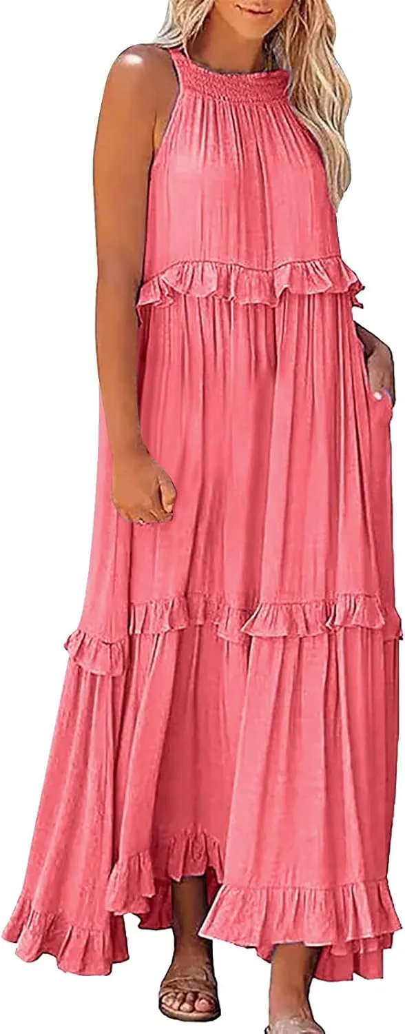 Womens Summer Cotton Sexy Backless Long Dresses Women Dresses Spaghetti Strap Scoop Neck Smocked Ruffle Flowy Boho Maxi Dress