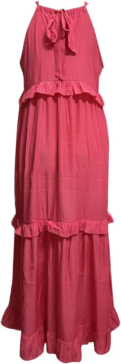 Womens Summer Cotton Sexy Backless Long Dresses Women Dresses Spaghetti Strap Scoop Neck Smocked Ruffle Flowy Boho Maxi Dress