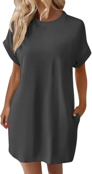 Women's Summer Dress Crewneck Short Sleeve Mini Dresses Batwing Casual Beach Vacation Tshirt Dresses with Pockets
