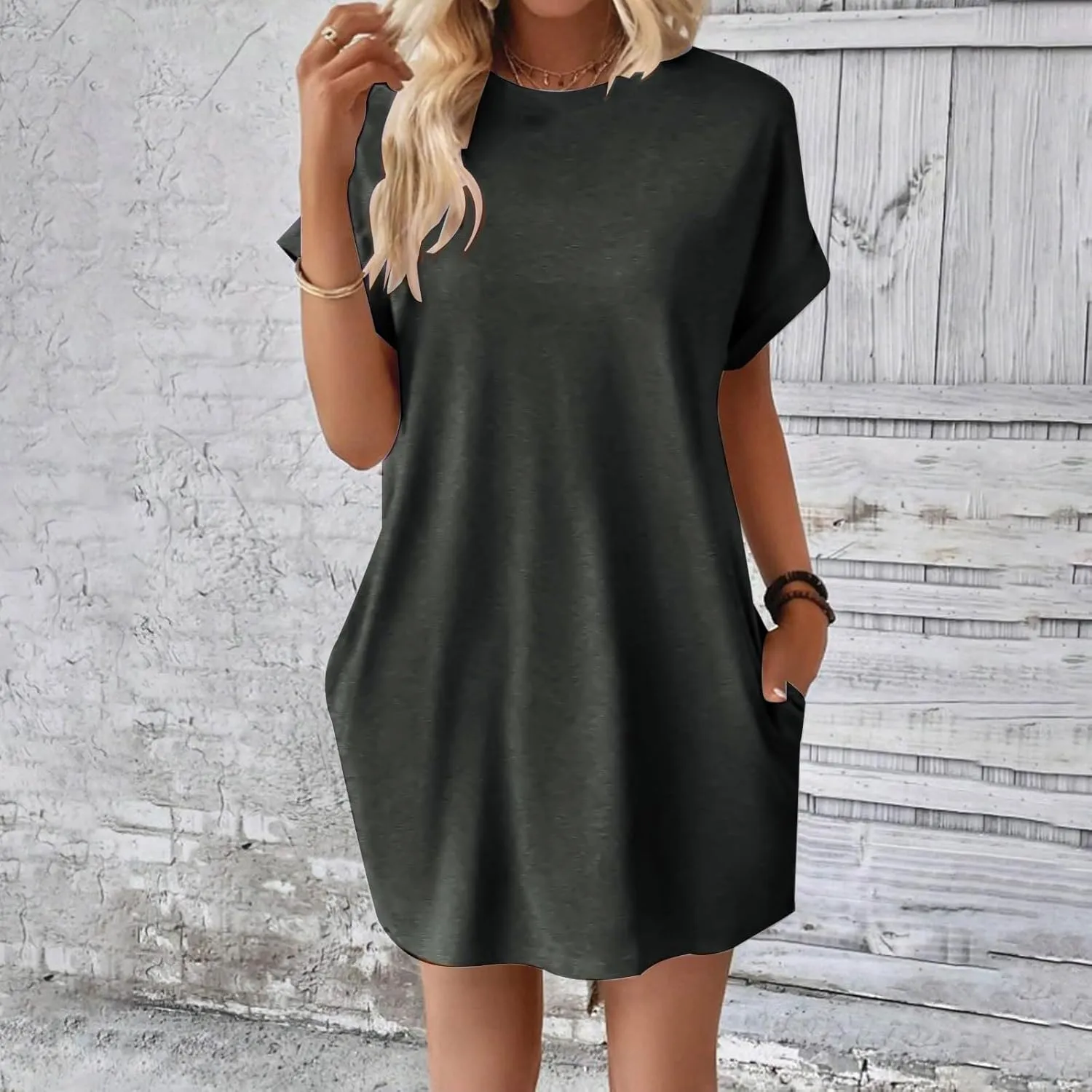 Women's Summer Dress Crewneck Short Sleeve Mini Dresses Batwing Casual Beach Vacation Tshirt Dresses with Pockets
