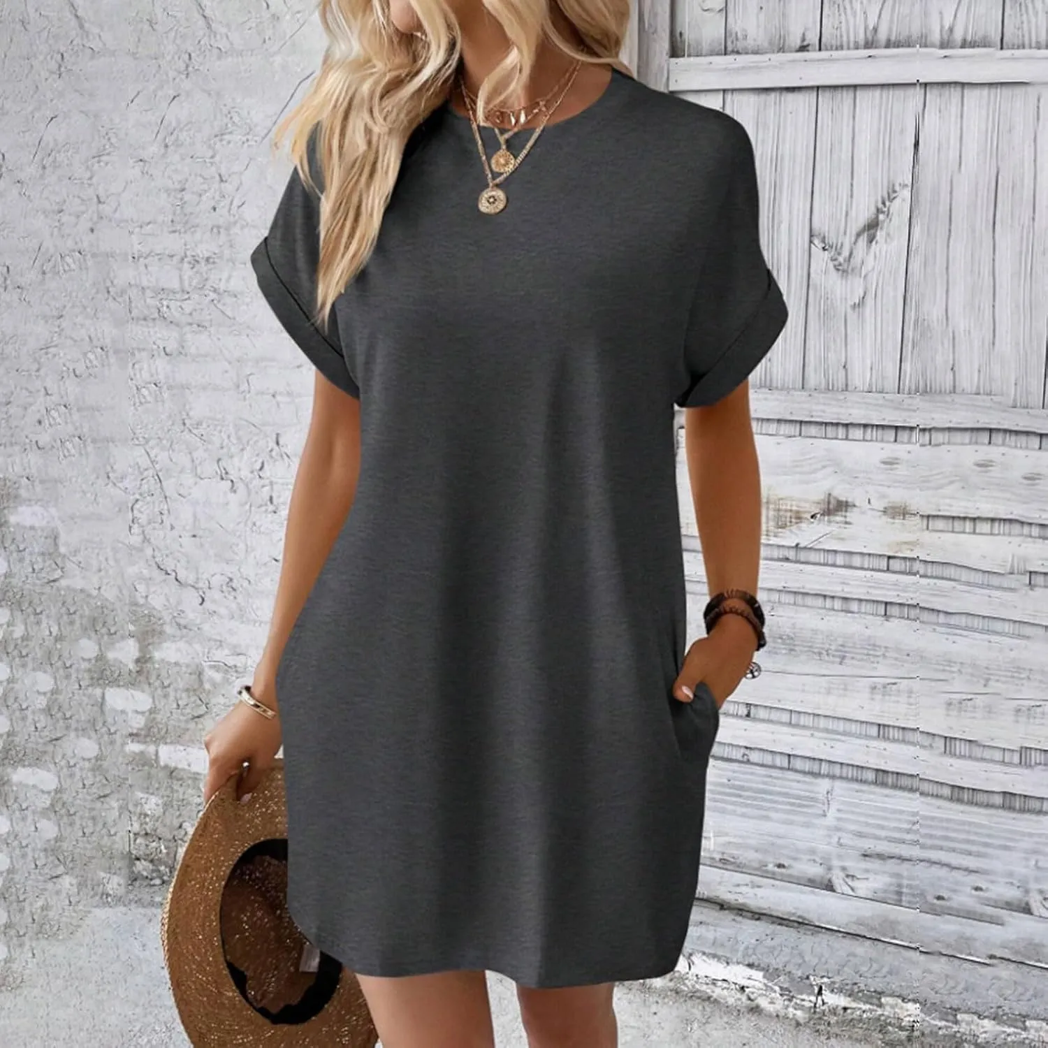 Women's Summer Dress Crewneck Short Sleeve Mini Dresses Batwing Casual Beach Vacation Tshirt Dresses with Pockets