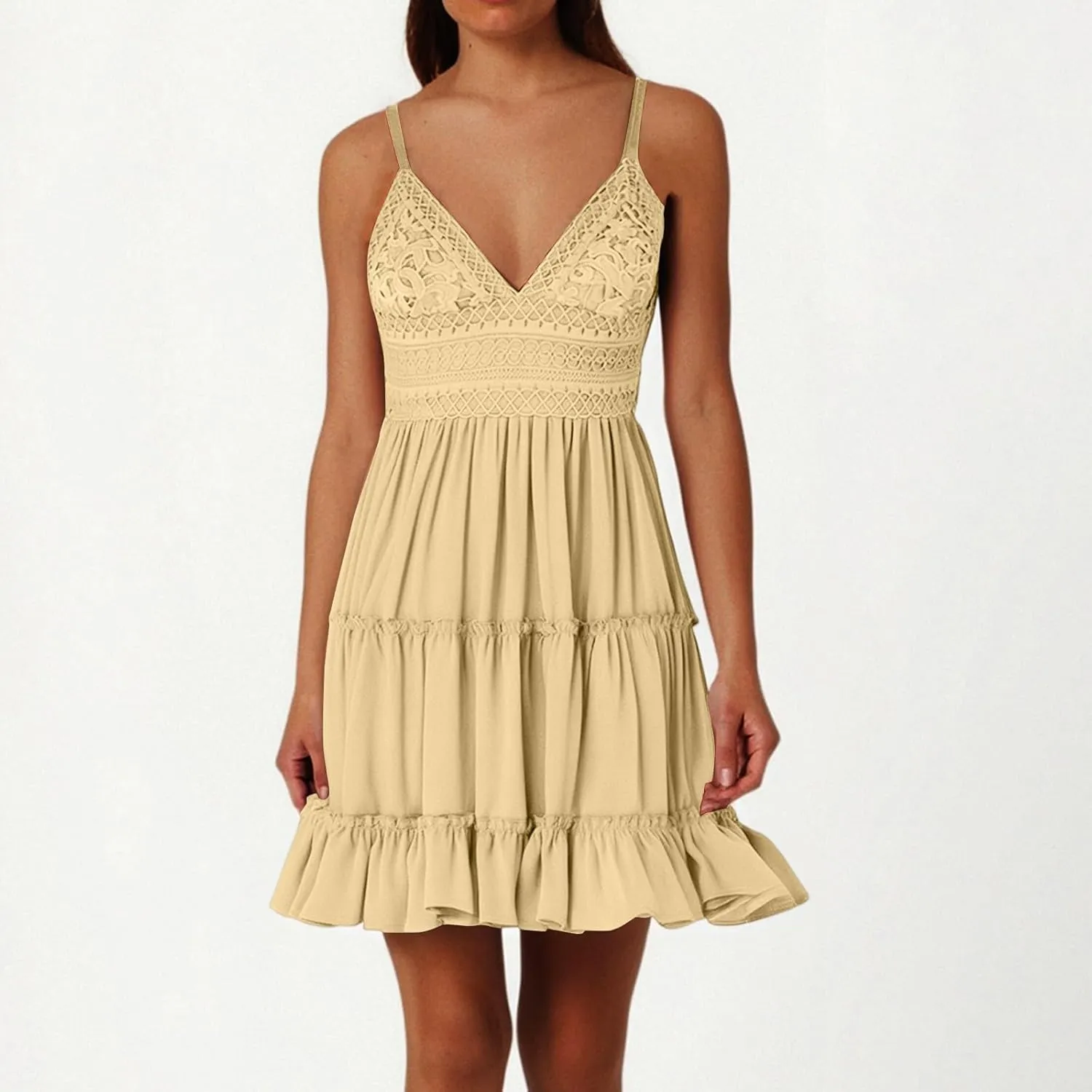Womens Summer Dresses 2025 Sleeveless Empire Waist Ruffle Tiered Casual Swing Mini Dress for Beach Wedding
