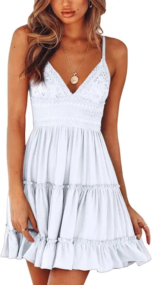 Womens Summer Dresses 2025 Sleeveless Empire Waist Ruffle Tiered Casual Swing Mini Dress for Beach Wedding